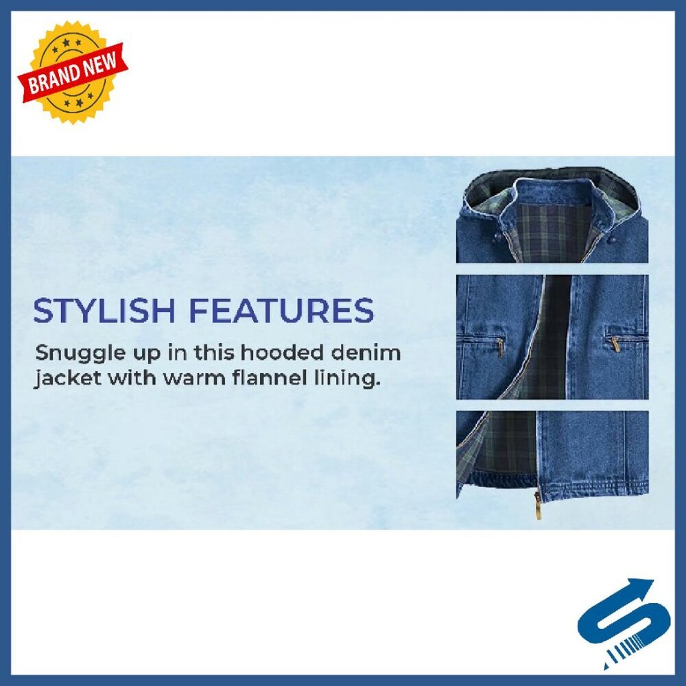 Flannel Lined Denim Jacket with Detachable Hood, Zip Pockets, 100% Cotton - Picture 8 of 8